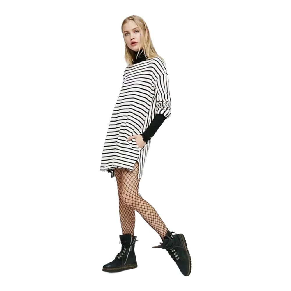 FREE PEOPLE Come On Over Striped Tunic Dress Pockets Beach Small Cotton Sweater